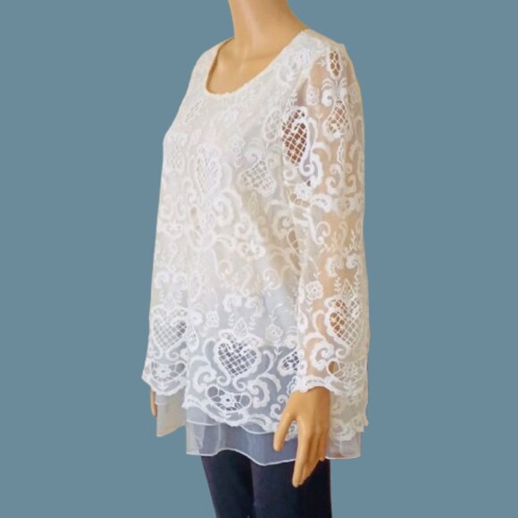 Women's White Lace Layered Blouse L Sheer Scalloped Edges Lined Tunic Top - Picture 1 of 11